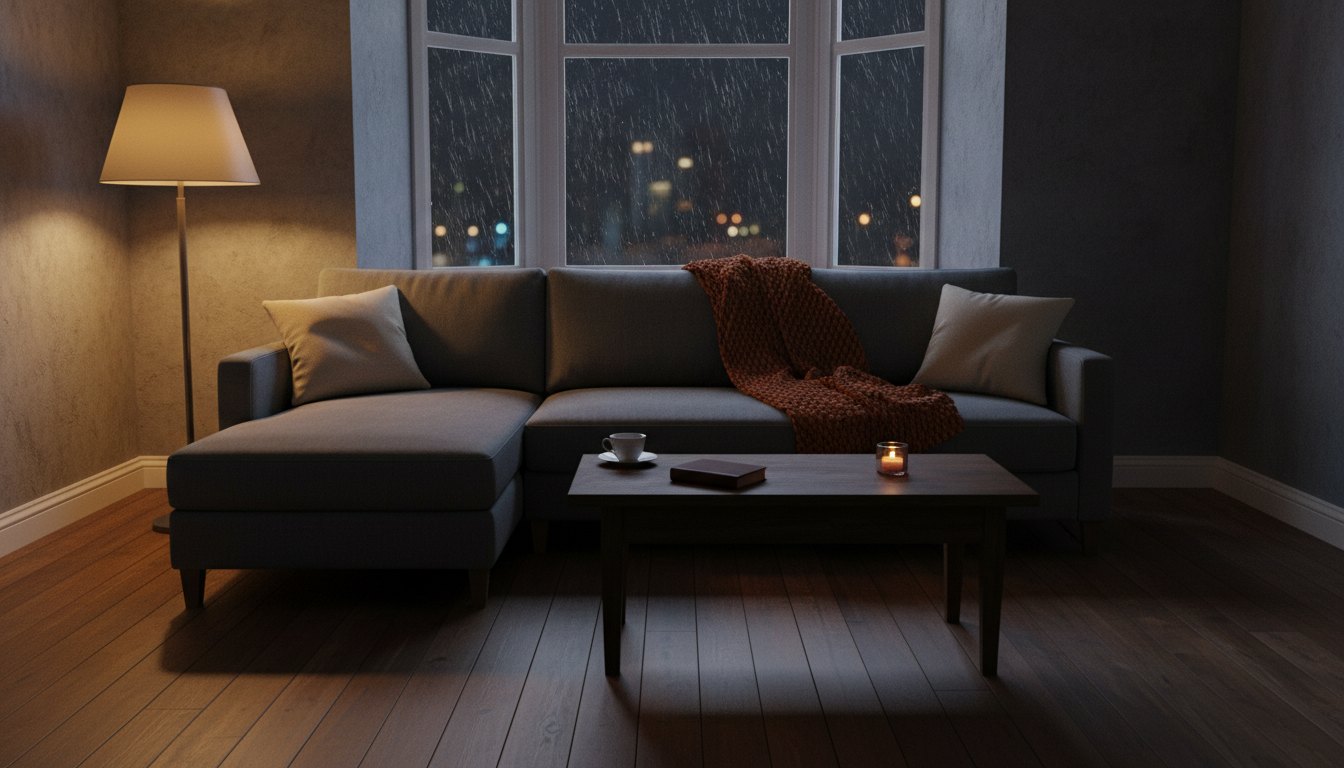 Un salon mélancolique avec un canapé vide, ambiance lumière tamisée évoquant la distance dans un couple
