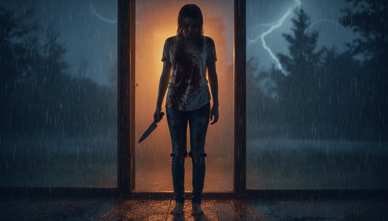 Adolescente couverte de sang devant une porte la nuit