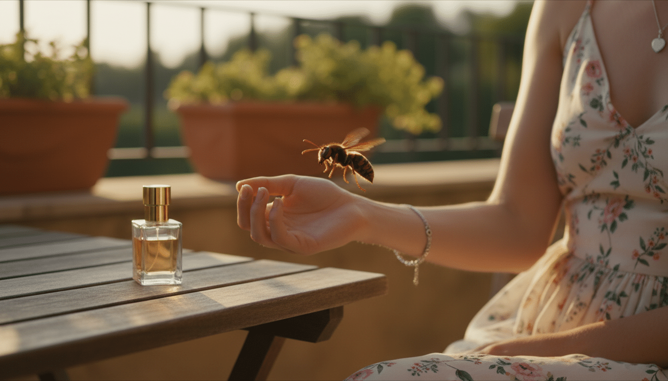 Frelon asiatique attiré par le parfum d'une femme en terrasse