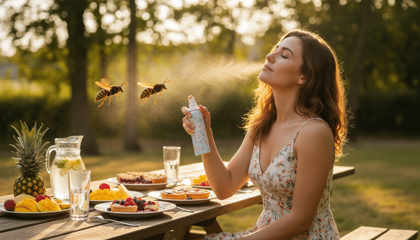 Femme se parfumant lors d'un pique-nique estival avec frelons