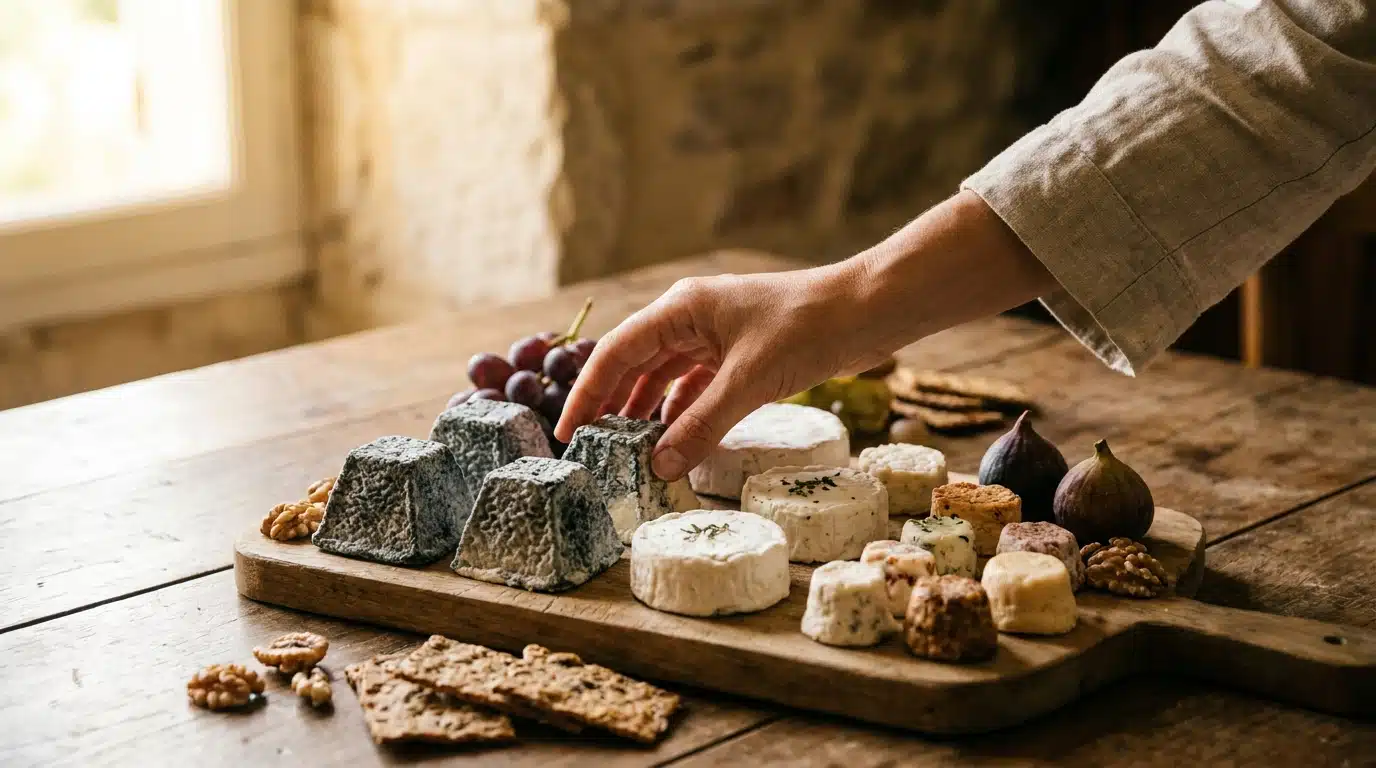 Plateau de fromages de chèvre fermiers sur planche en bois
