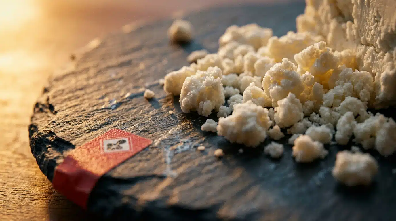 Morceau de fromage de chèvre analysé pour contamination bactérienne