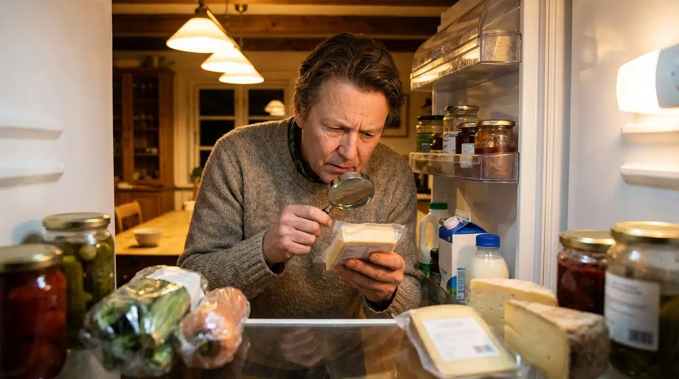 Personne vérifiant l'étiquette d'un fromage dans son réfrigérateur