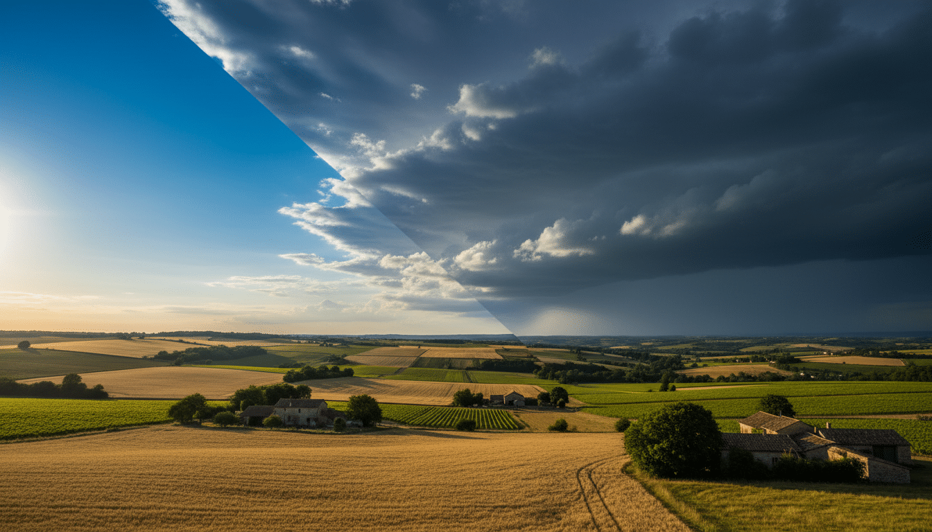 Front pluvieux atlantique approchant sur campagne ensoleillée