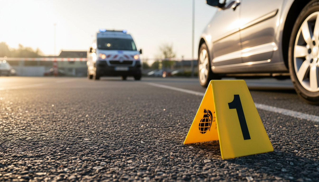 Marqueurs de police scientifique sur un parking après une fusillade