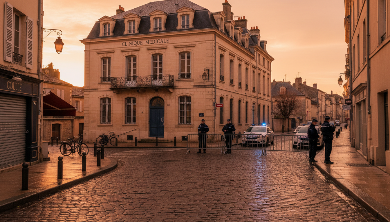 Policiers sécurisant le périmètre devant une clinique à Castres