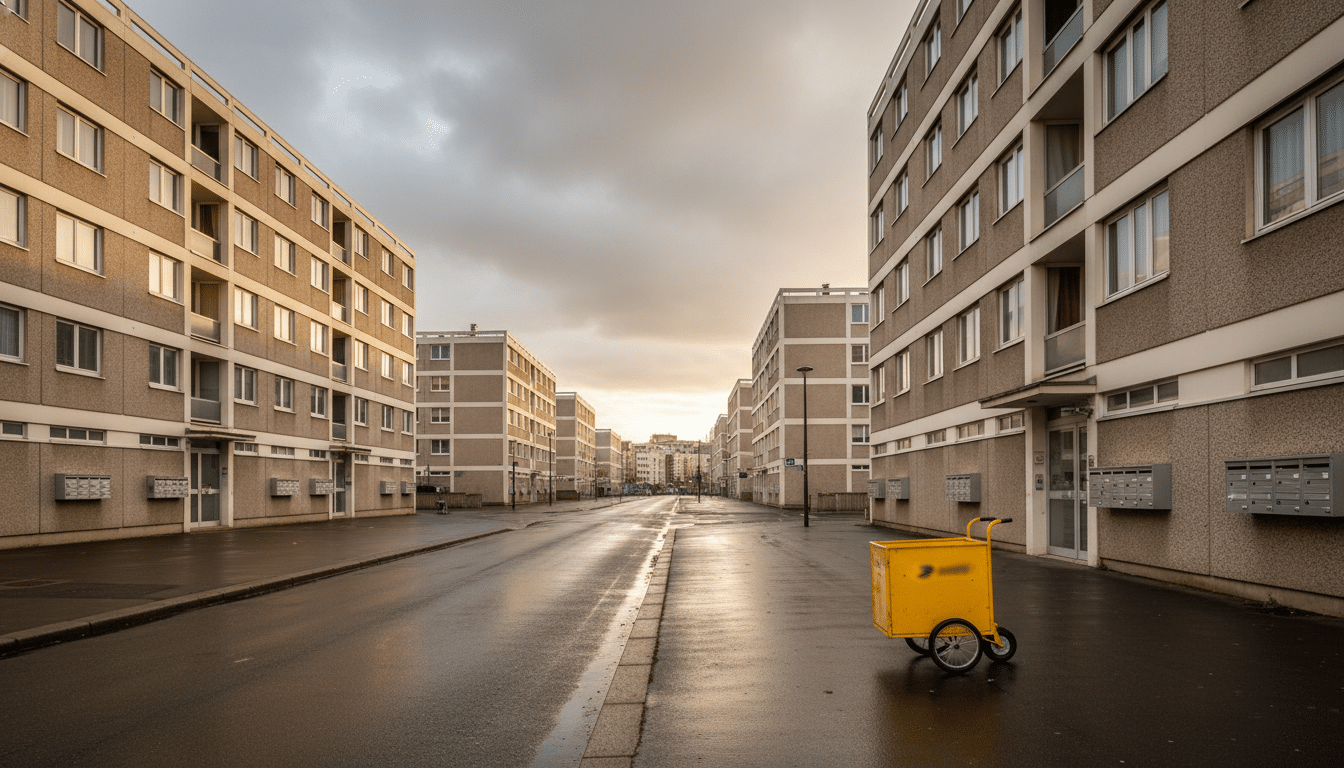 Boulevard désert à Vénissieux avec chariot La Poste abandonné