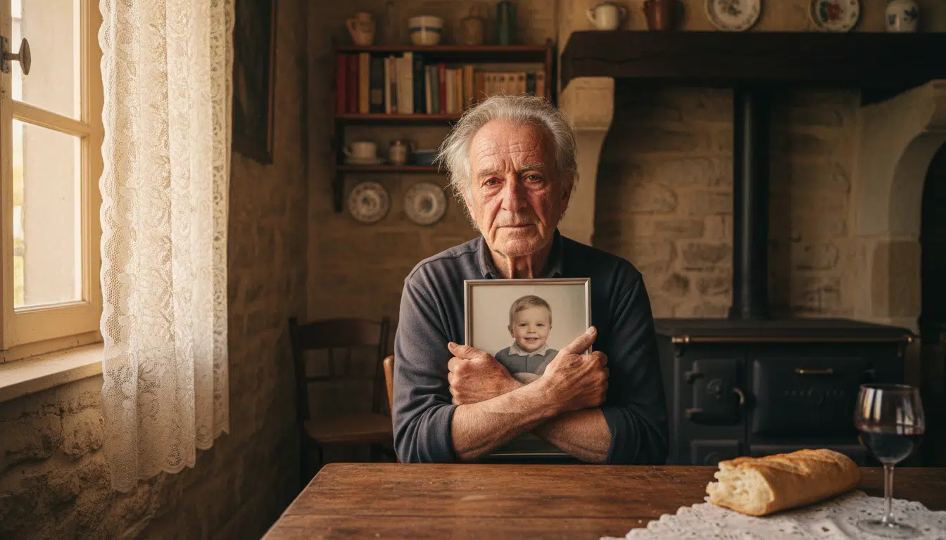 Grand-père tenant la photo de son petit-fils Gabriel