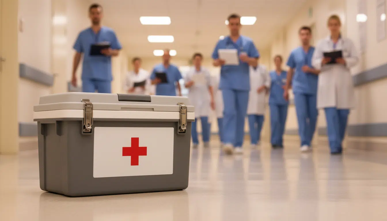 Caisson de transport d'organe dans un couloir d'hôpital