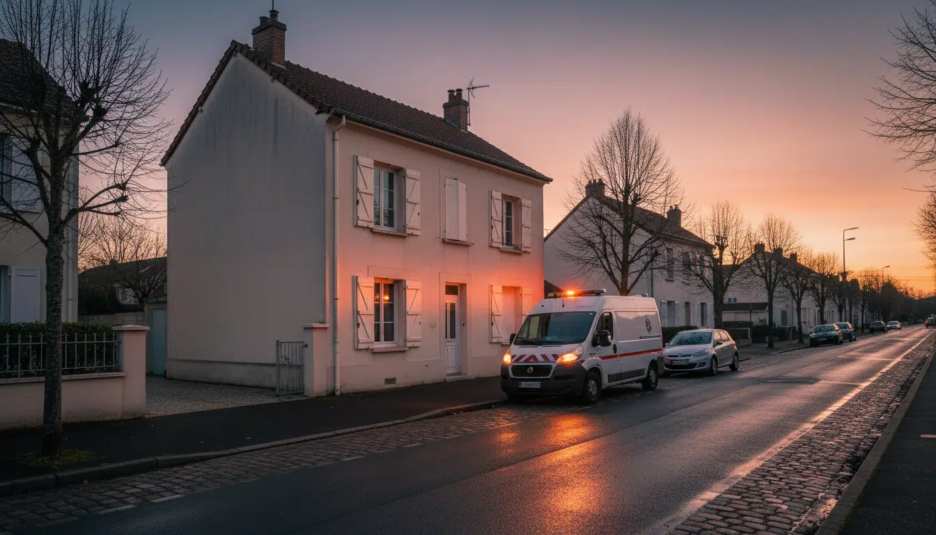 Rue résidentielle de Gagny avec ambulance au crépuscule