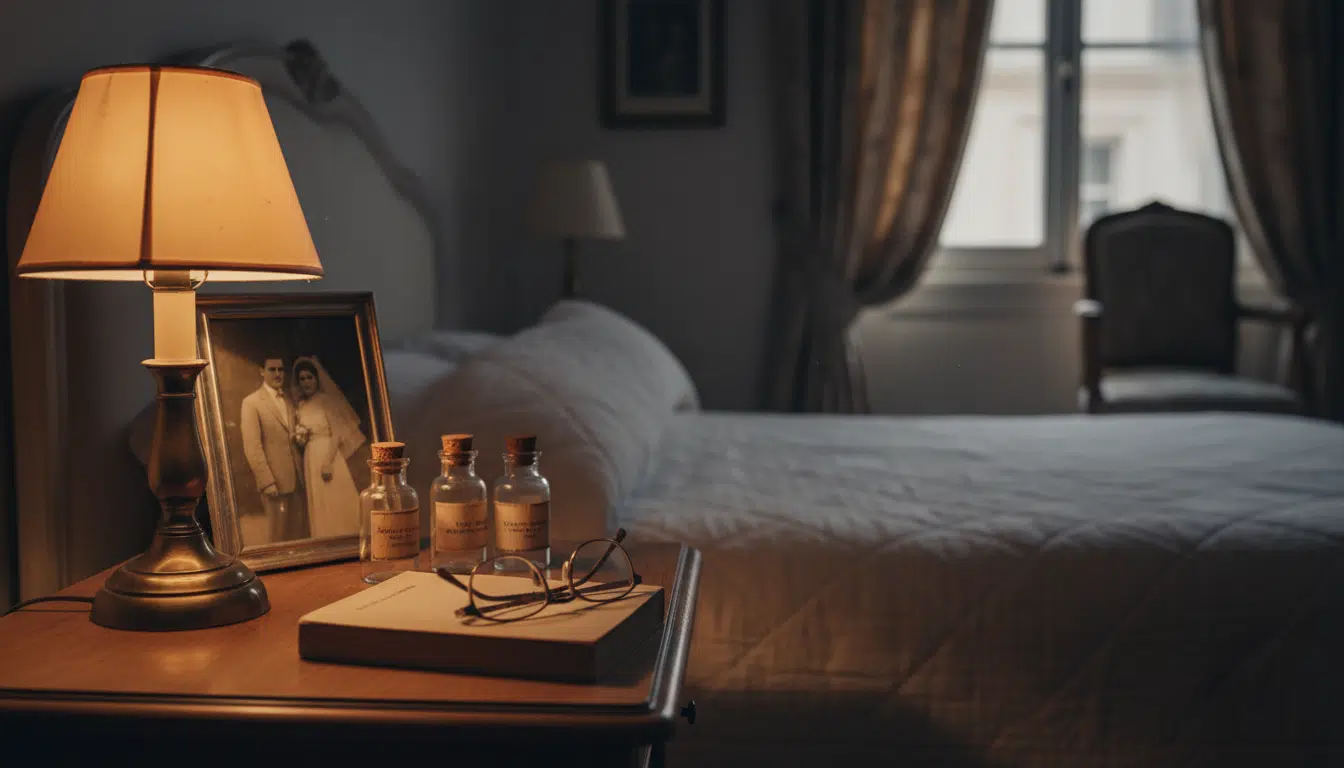 Table de chevet avec médicaments et photo ancienne