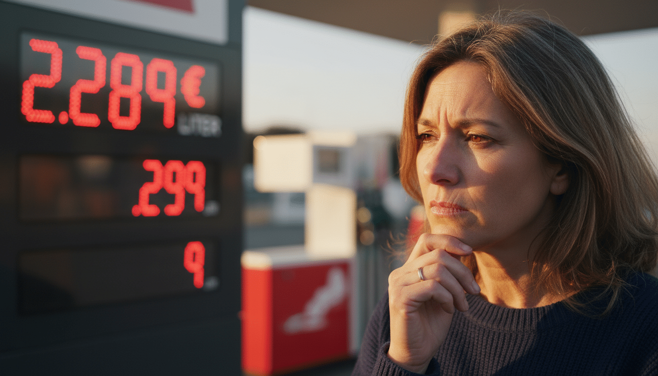 Femme inquiète devant les prix à la station-service