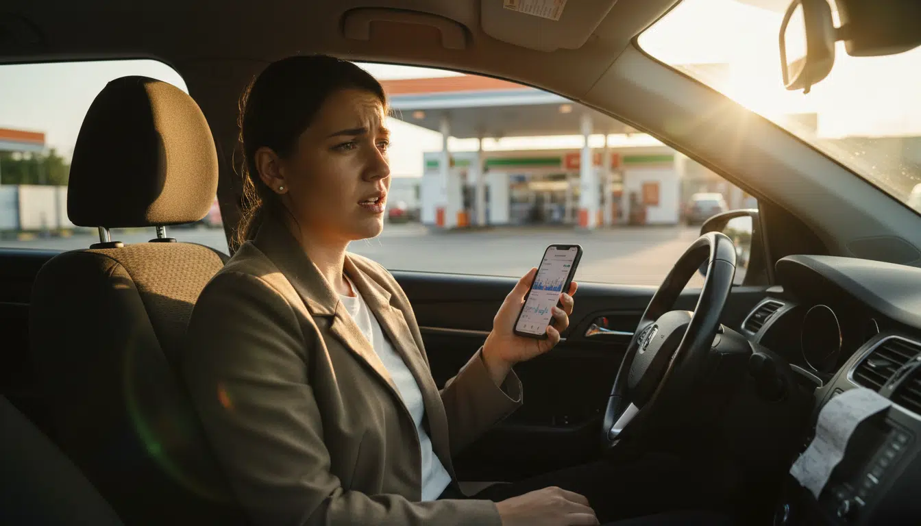 Automobiliste choqué consultant son relevé bancaire en voiture