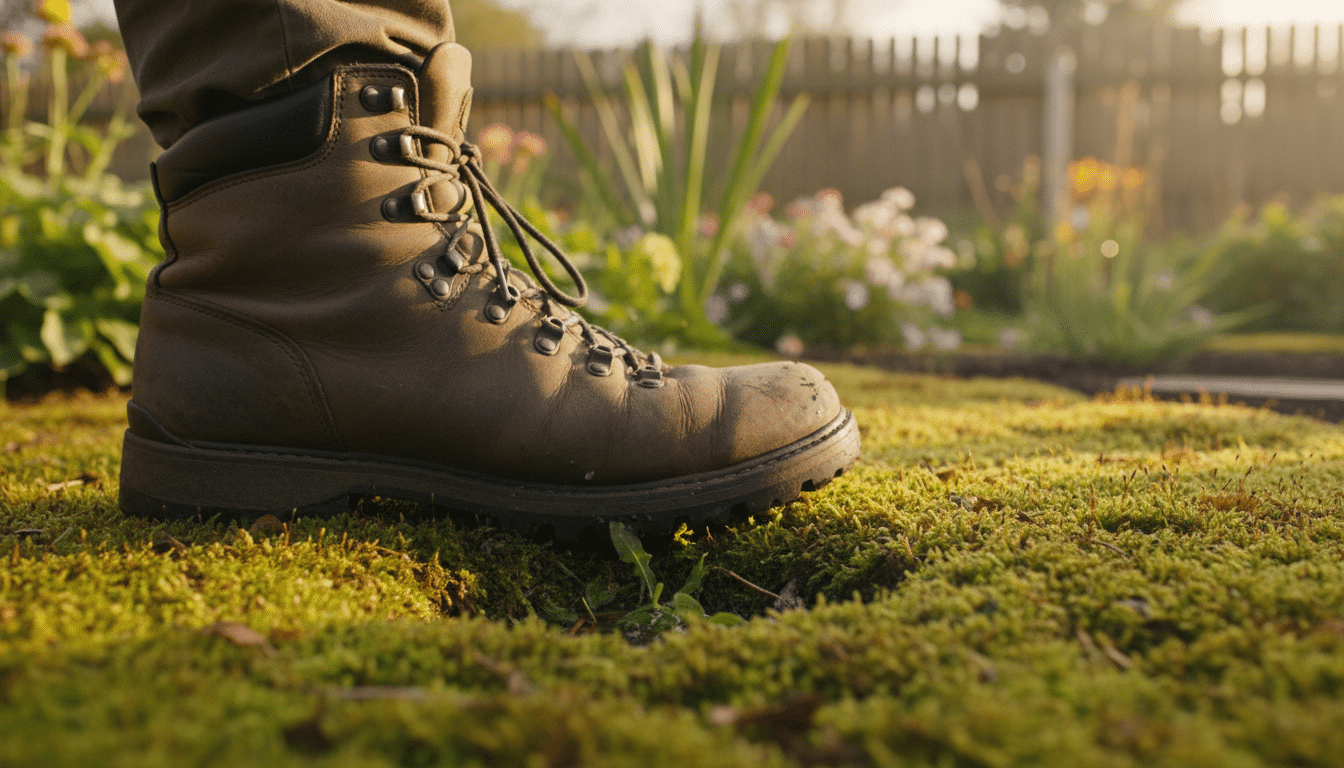 Botte s'enfonçant dans une pelouse spongieuse et mousseuse