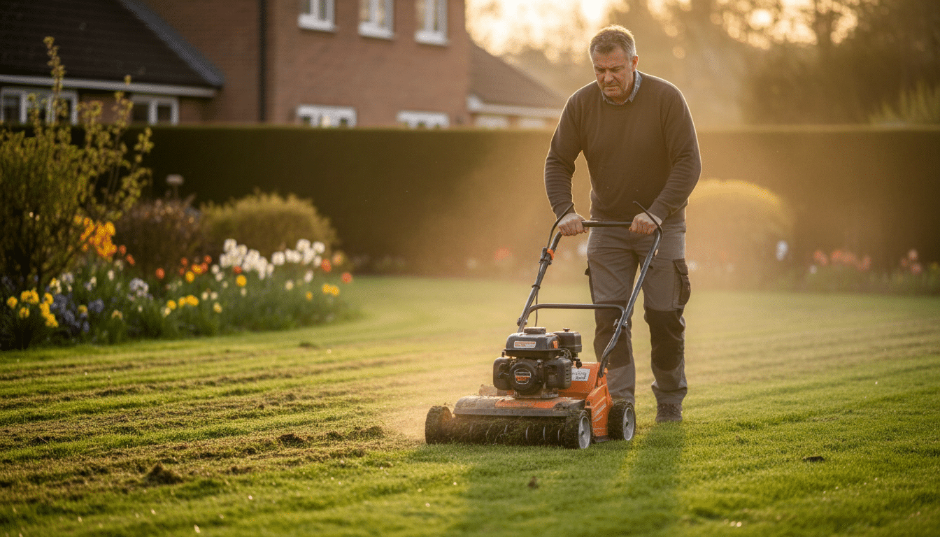 Homme utilisant un scarificateur sur une pelouse au printemps