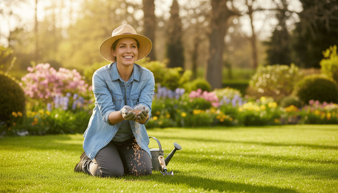 Femme semant de l'herbe sur une pelouse régénérée au printemps