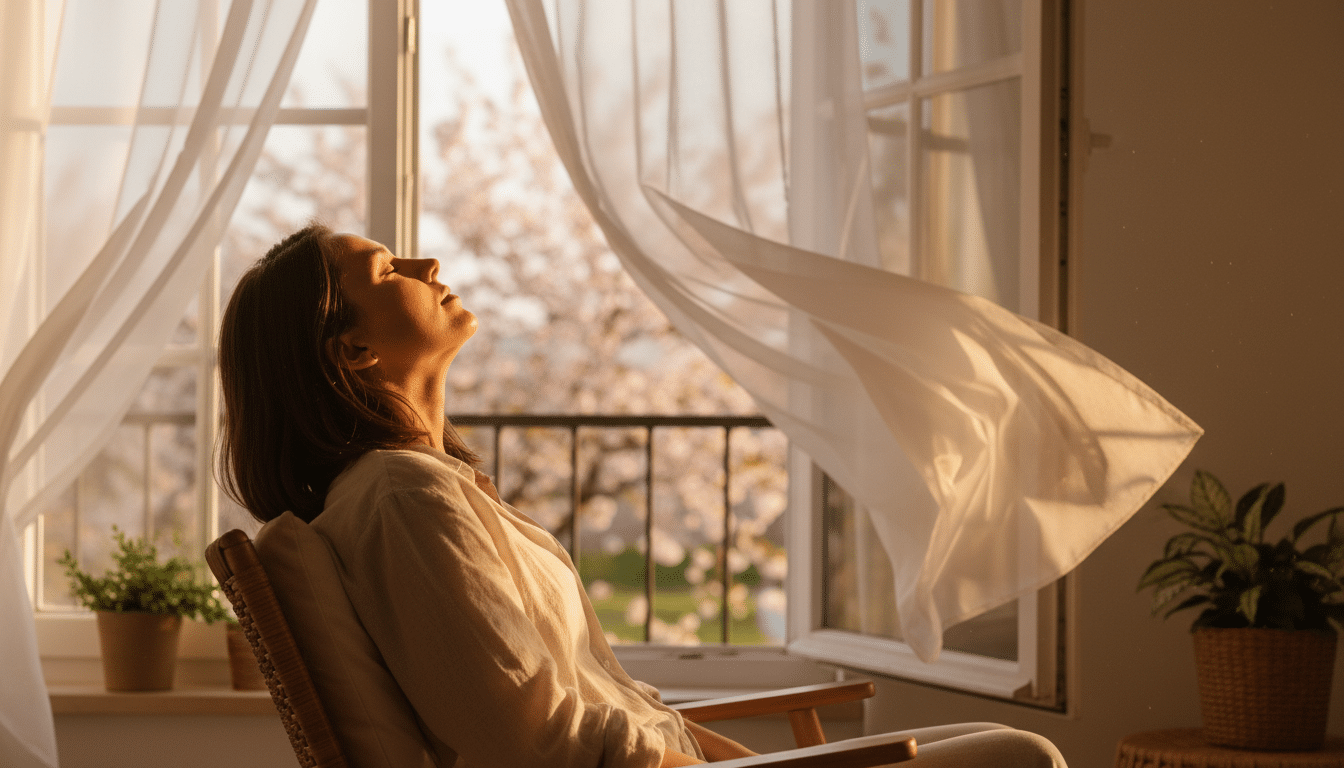 Personne sereine profitant du soleil printanier à la fenêtre