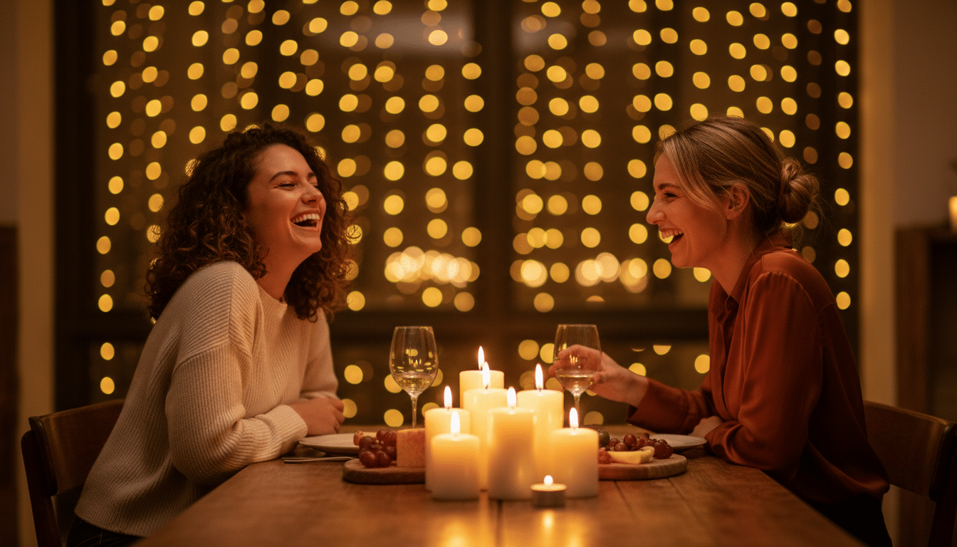 Deux amies riant ensemble dans une ambiance chaleureuse