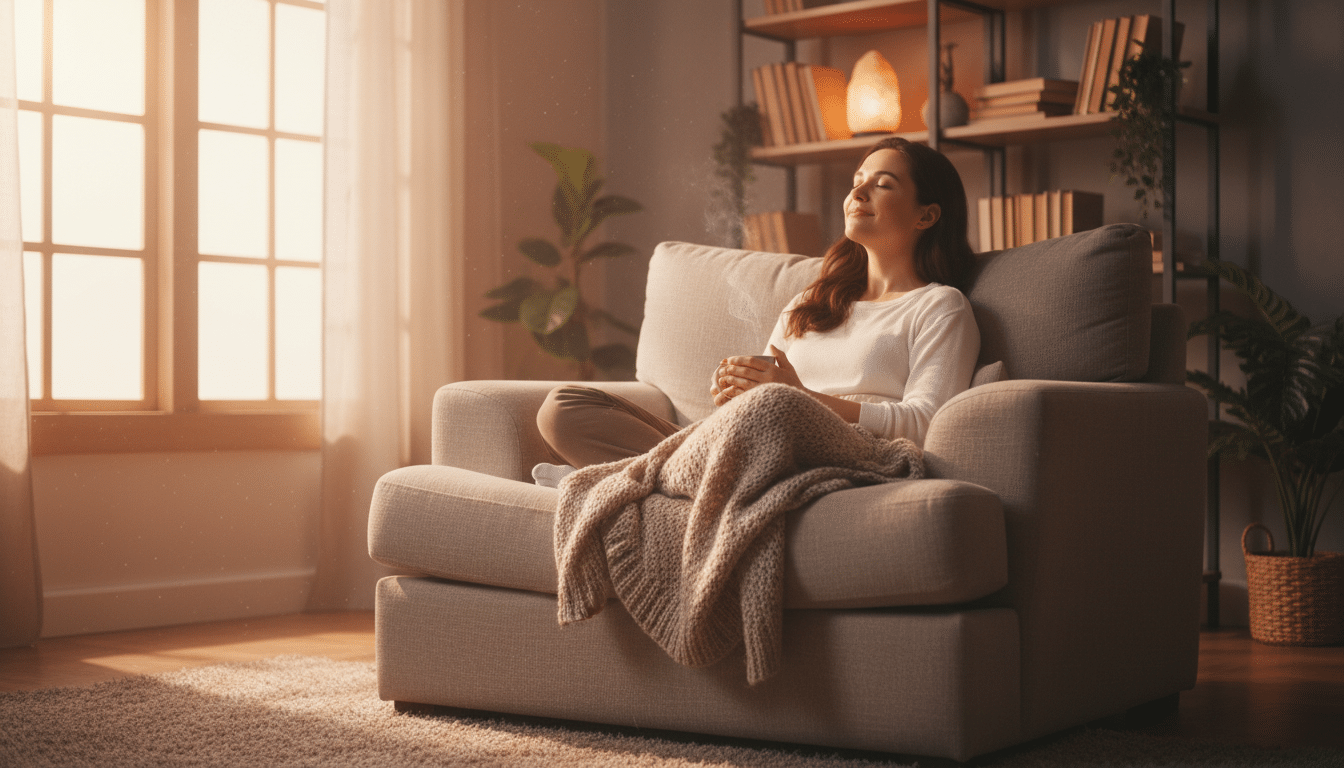 Personne sereine méditant dans une lumière dorée