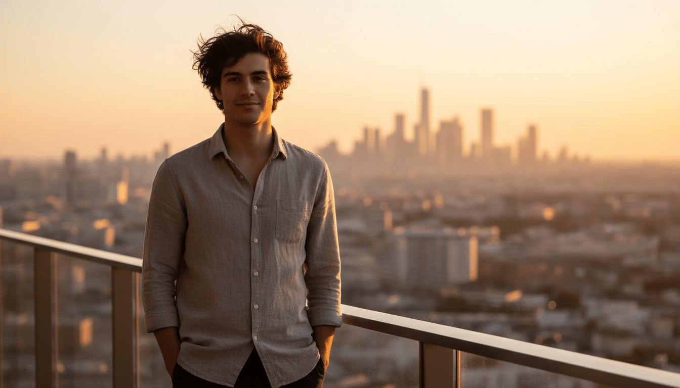 Jeune personne confiante sur un balcon au lever du soleil