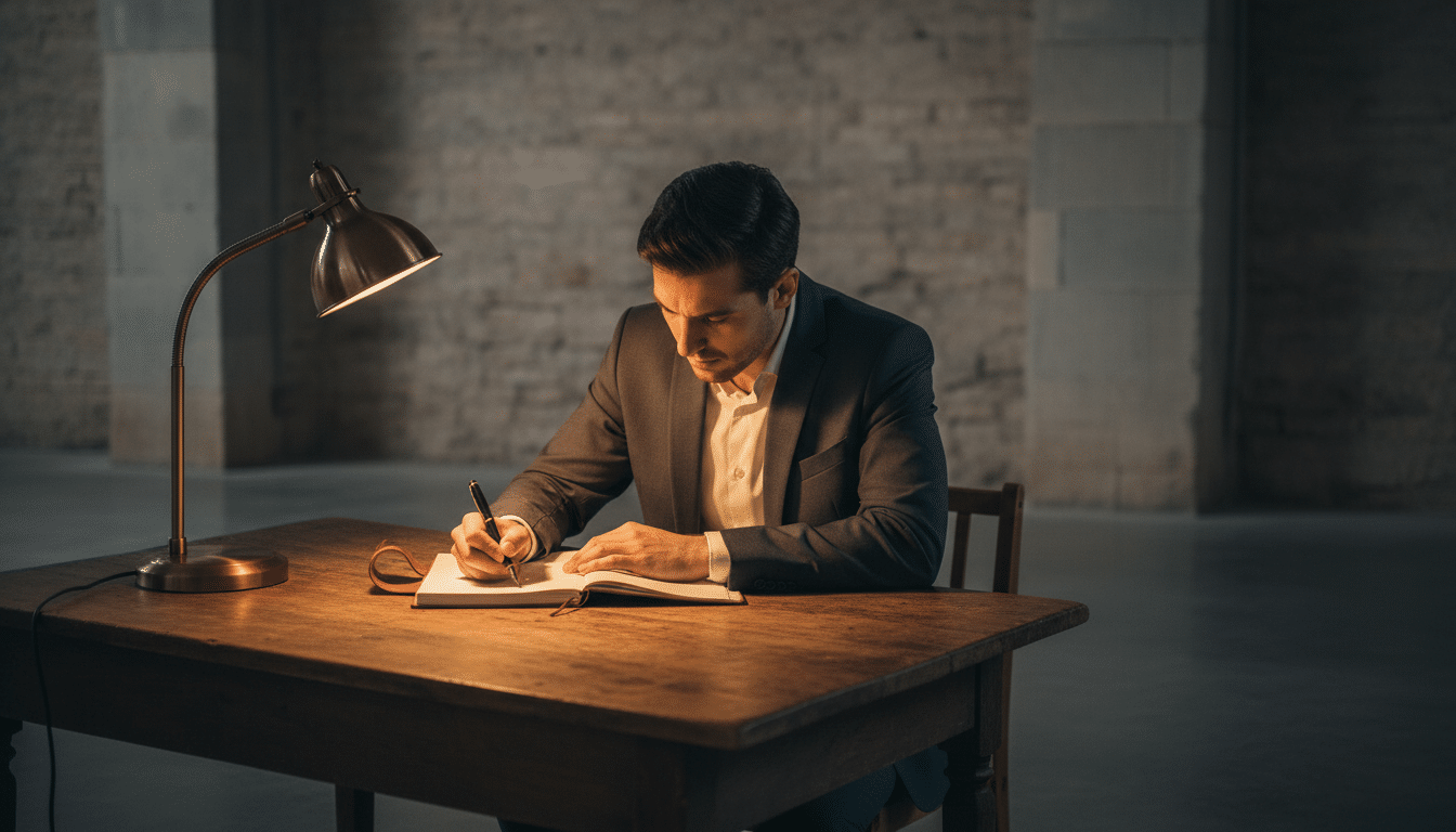 Personne concentrée écrivant méthodiquement à un bureau