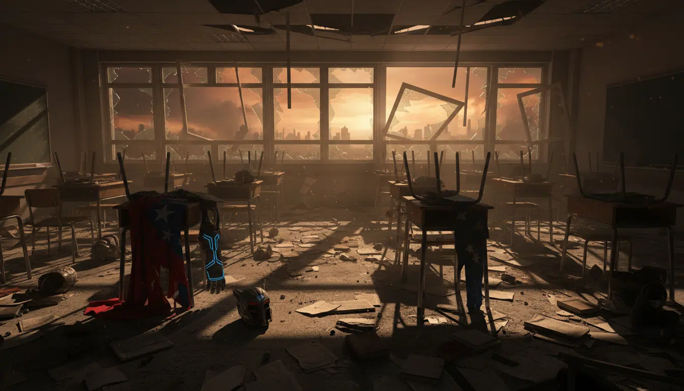 Salle de classe universitaire dévastée dans l'univers des super-héros