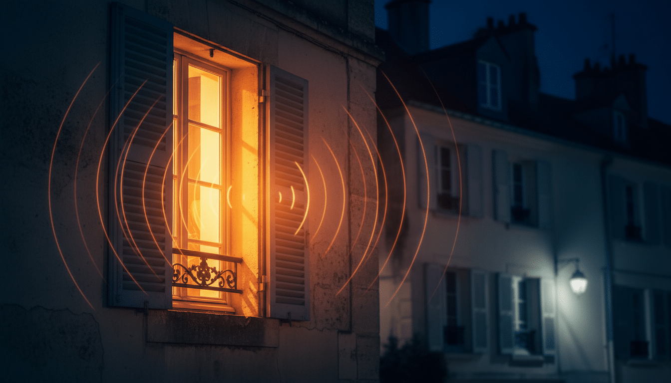 Fenêtre fermée d'une maison la nuit symbolisant les nuisances sonores