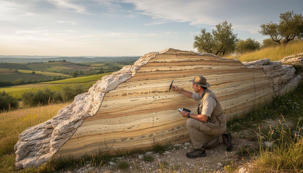 Géologue observant des couches de calcaire dans la roche