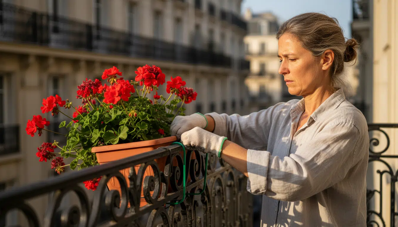 Femme fixant une jardinière de géraniums côté intérieur du balcon