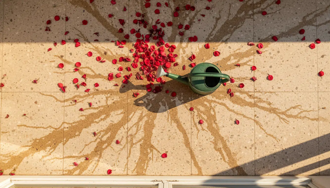 Taches de pétales de géraniums et écoulement d'eau sur un balcon