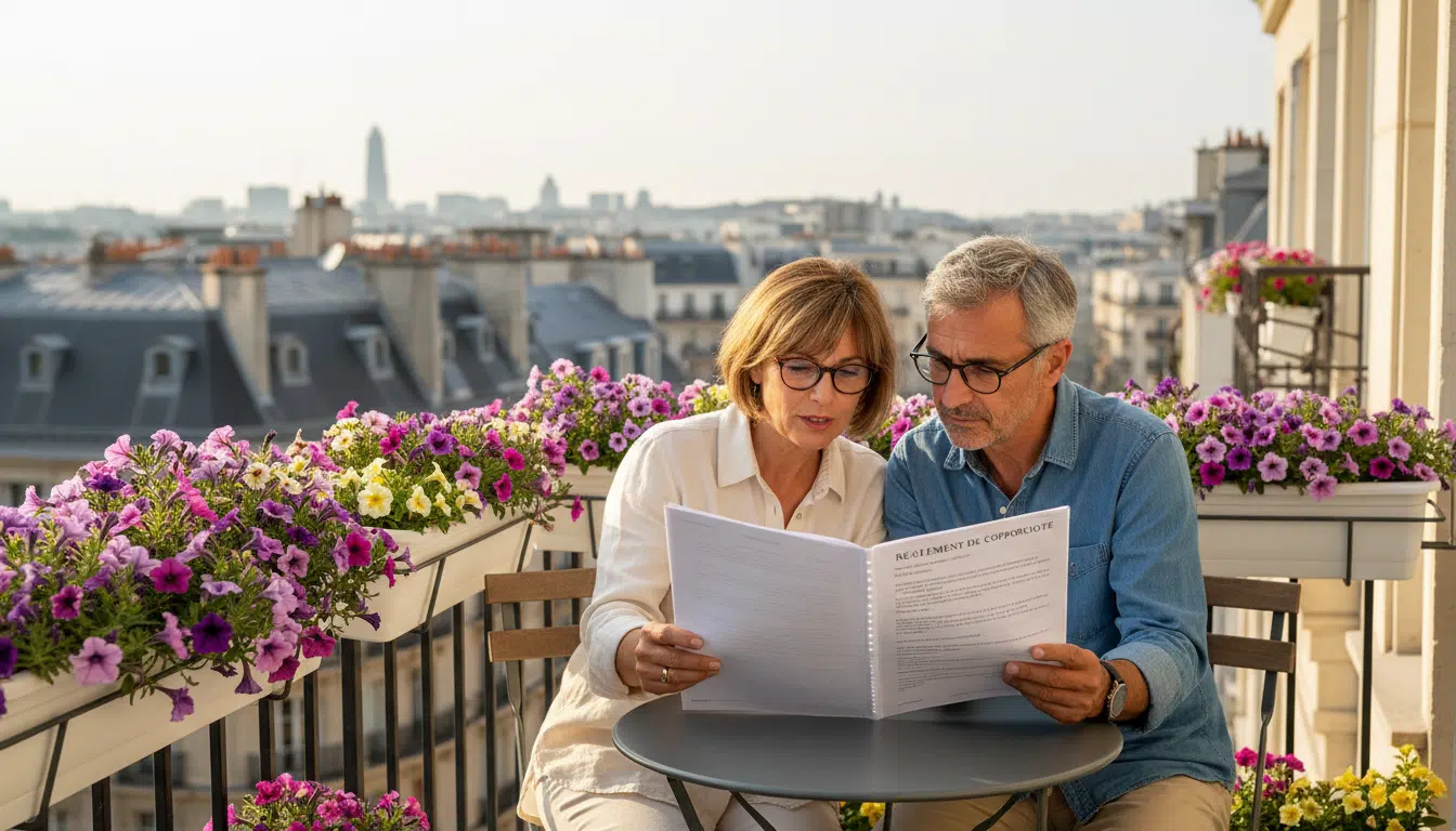Couple lisant le règlement de copropriété sur leur balcon fleuri