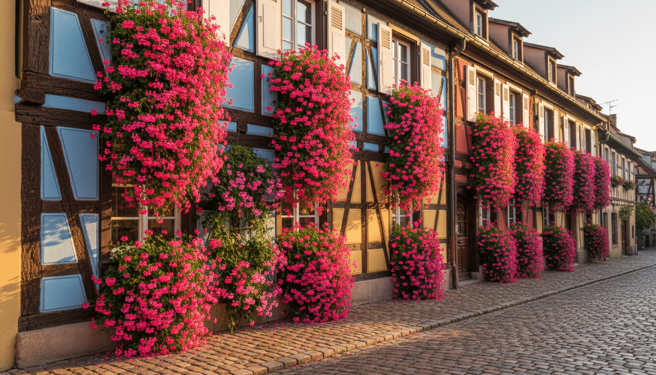 Façade alsacienne couverte de géraniums en fleurs à Colmar