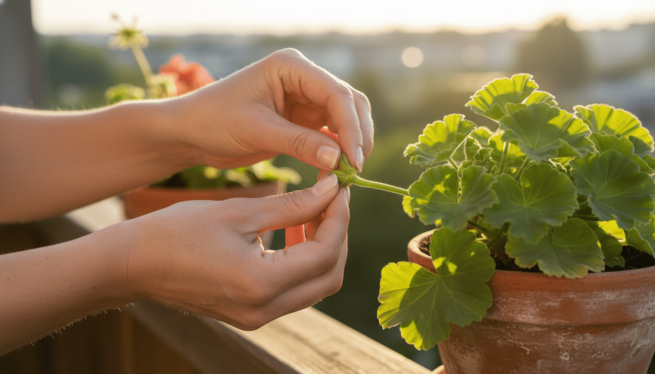 Mains pinçant l'extrémité d'une tige de géranium sur un balcon
