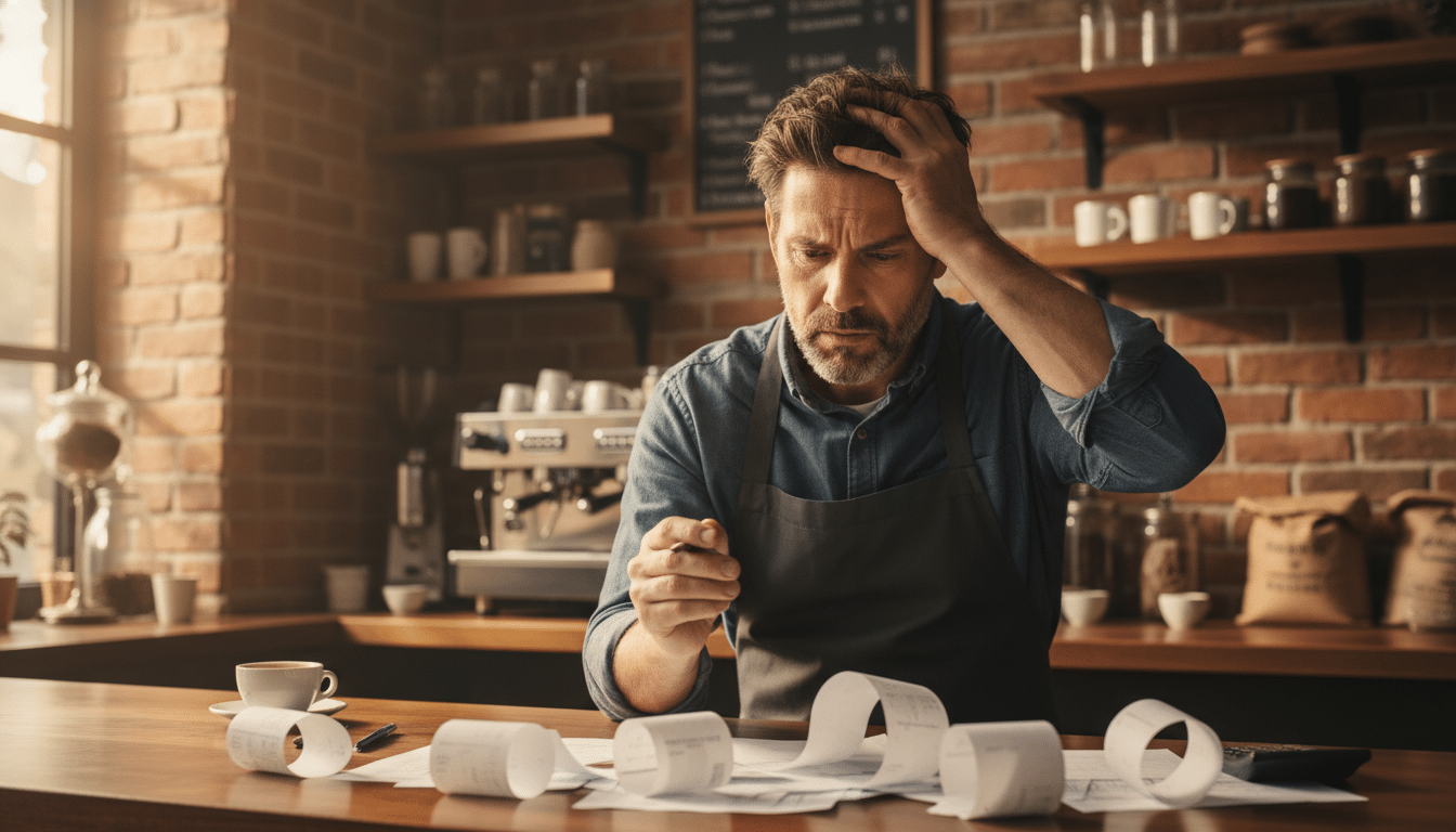 Gérant de café stressé devant ses factures