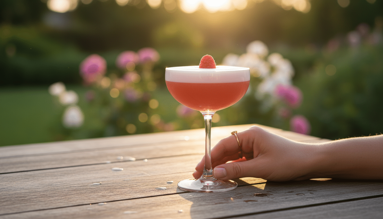 Cocktail rosé en coupe avec mousse et framboise