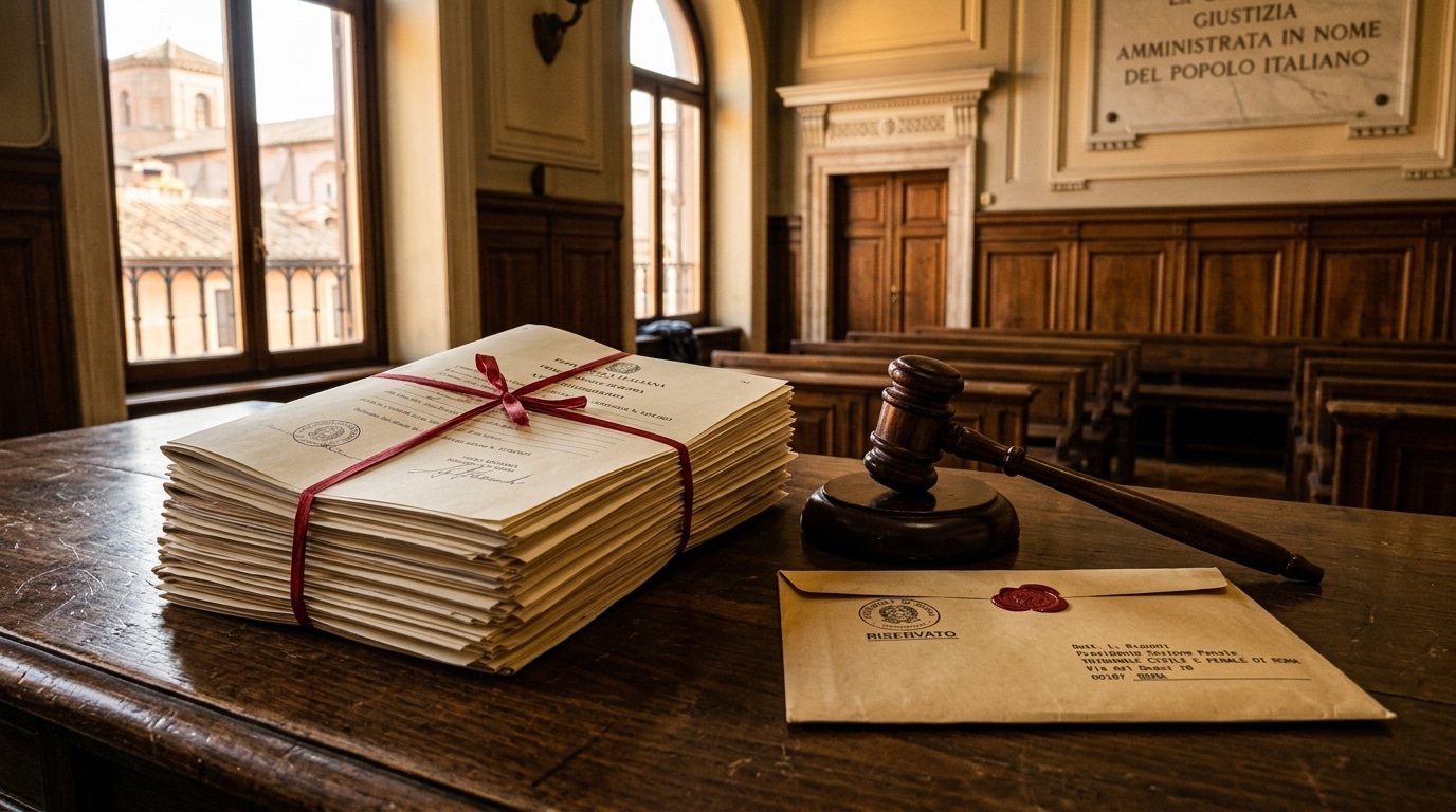 Documents judiciaires et marteau de juge évoquant l'enquête du parquet de Milan