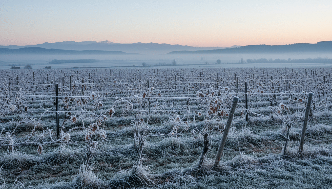 Givre matinal sur champs alsaciens au lever du jour
