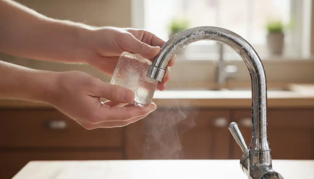 Glaçon frotté sur robinet chromé calcaire