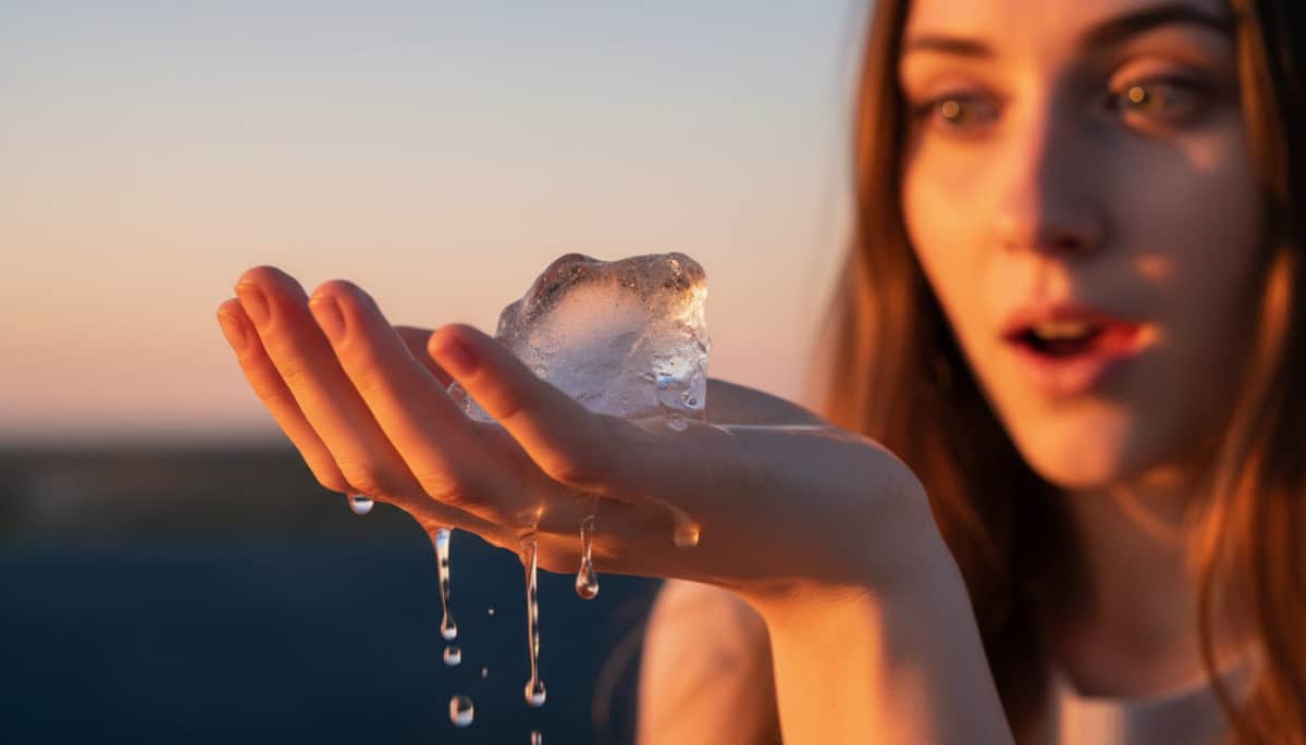 Glaçon qui fond dans la main d'une femme