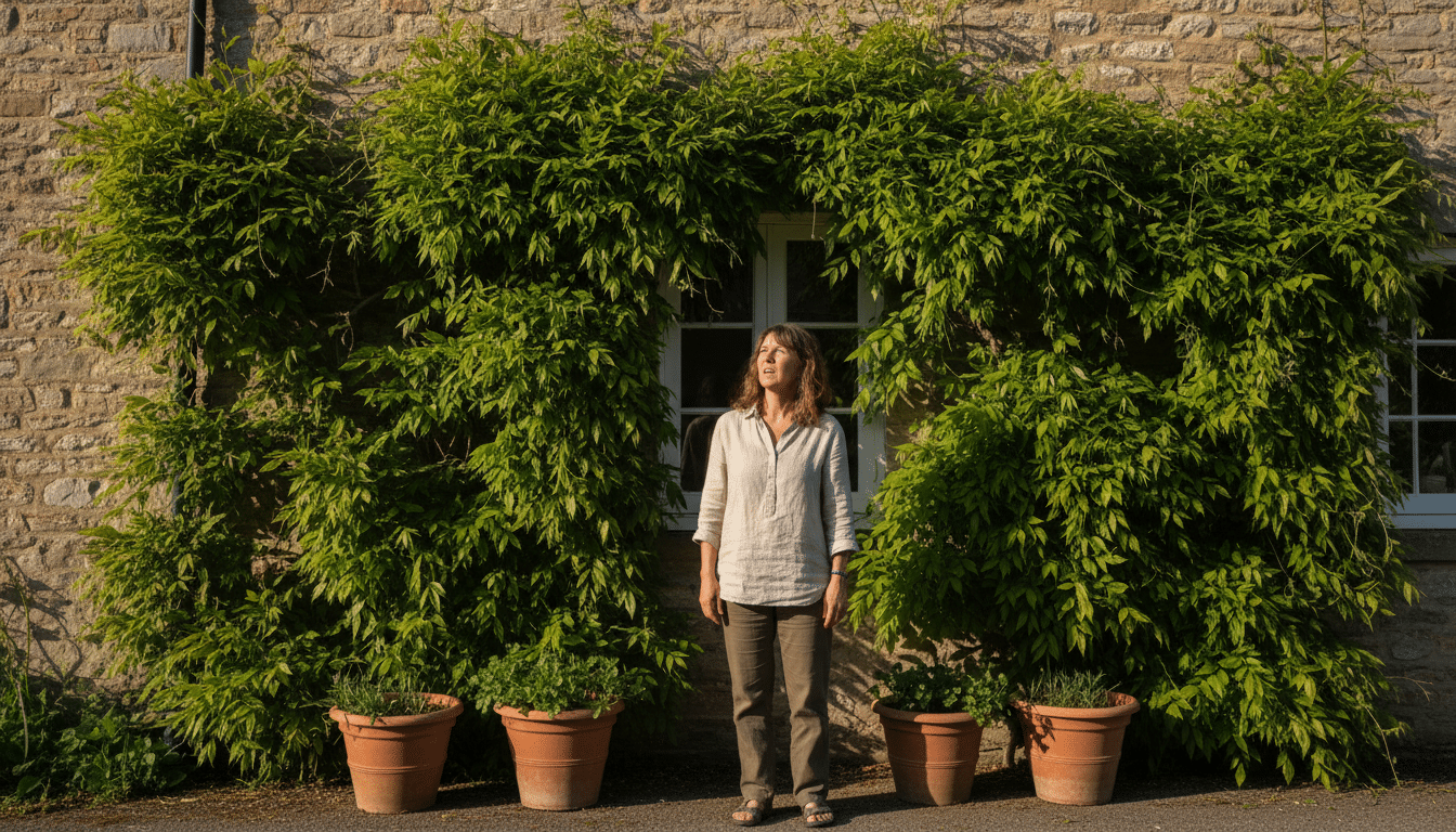Glycine sans fleurs sur une façade ensoleillée
