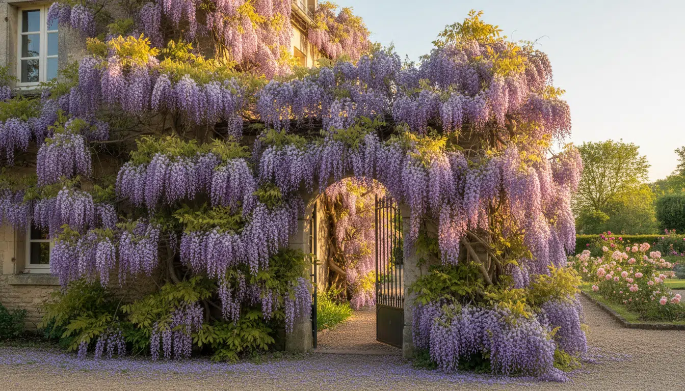 Glycine en pleine floraison sur une façade ensoleillée