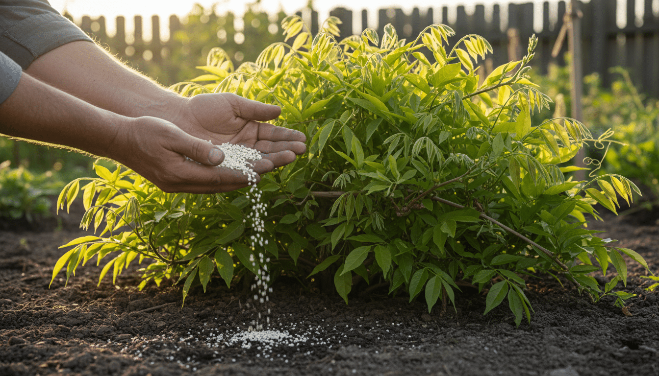 Engrais azoté répandu au pied d'une glycine sans fleurs