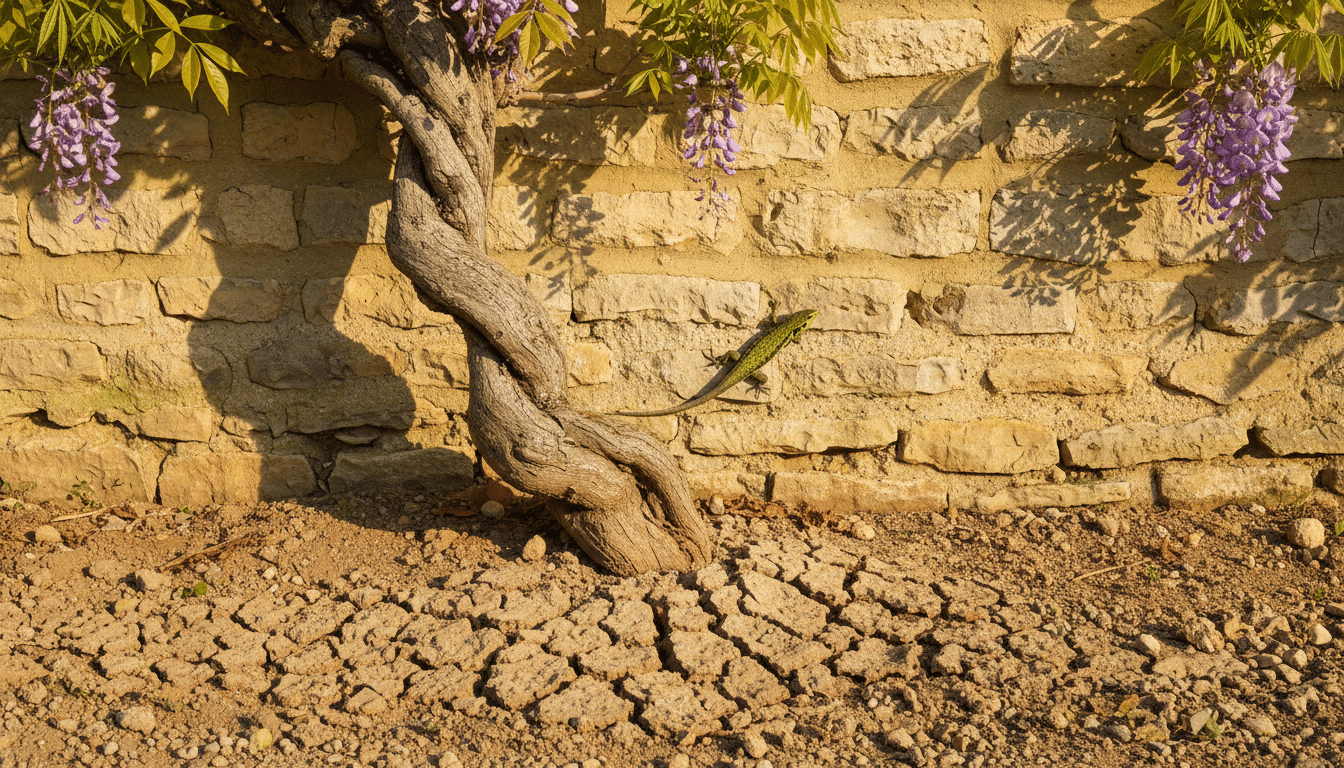 Sol sec au pied d'une glycine contre un mur plein sud