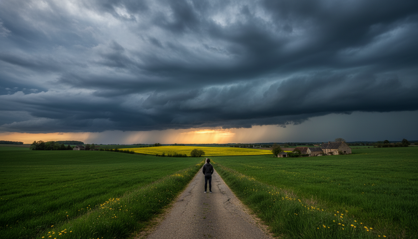 Ciel d'orage menaçant au-dessus de la campagne française