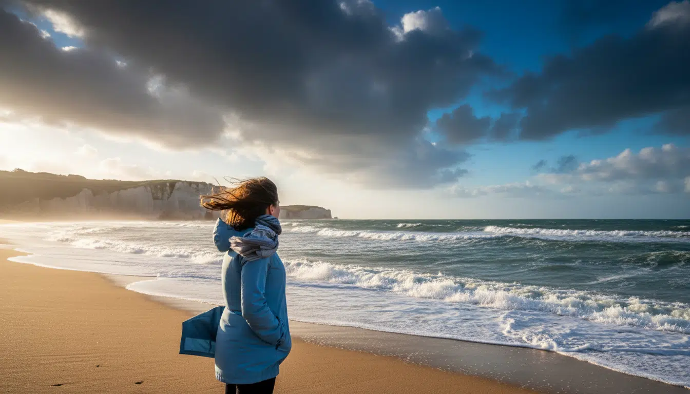 Promeneur sur une plage normande sous le vent de bise