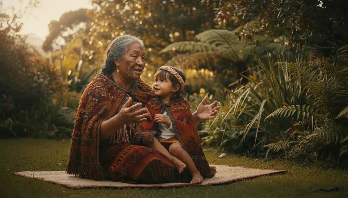 Grand-mère maorie racontant une histoire à un enfant