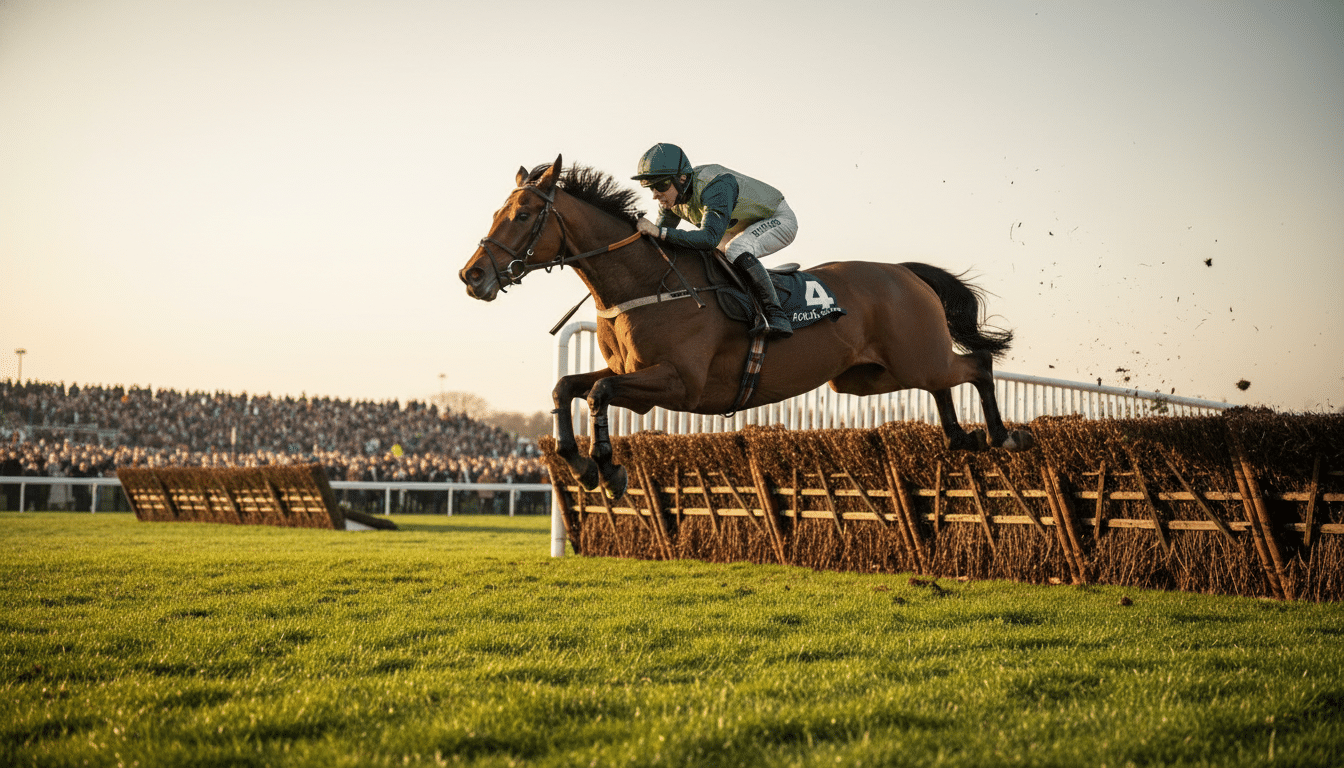 Cheval de course franchissant un obstacle à Aintree