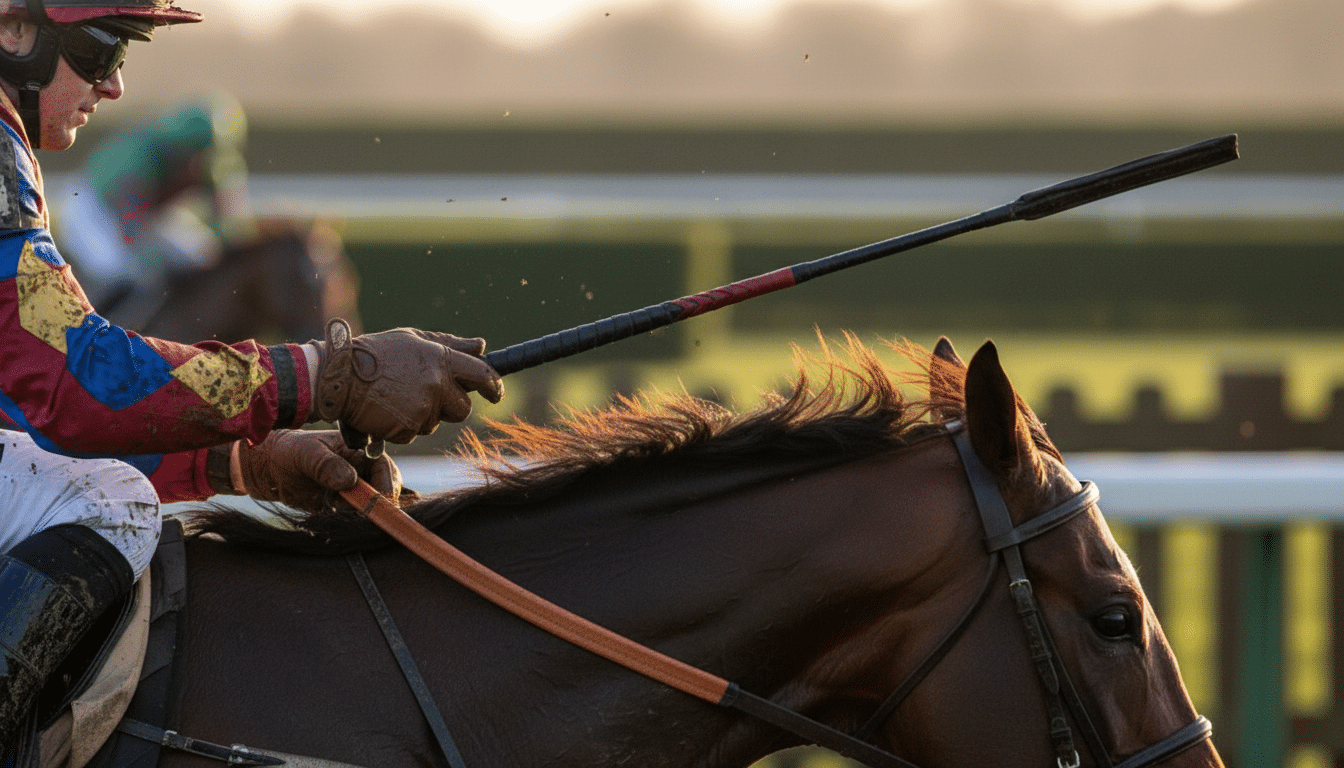 Jockey tenant une cravache pendant une course hippique