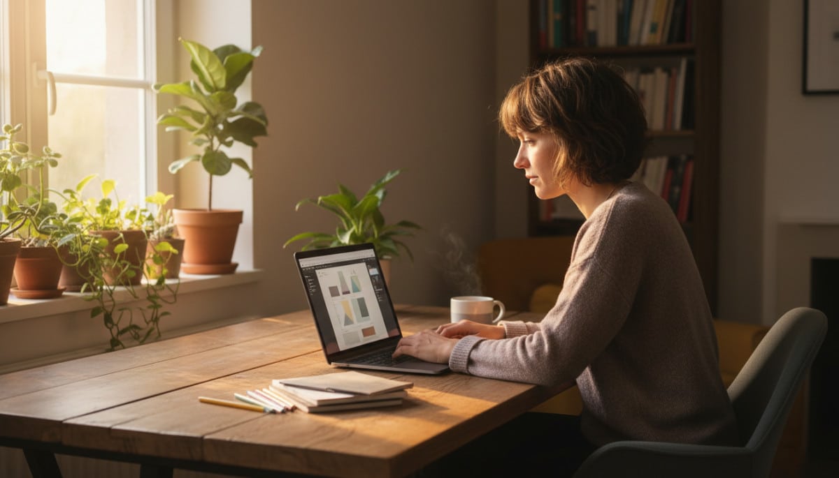 Graphiste freelance travaillant depuis son bureau à domicile