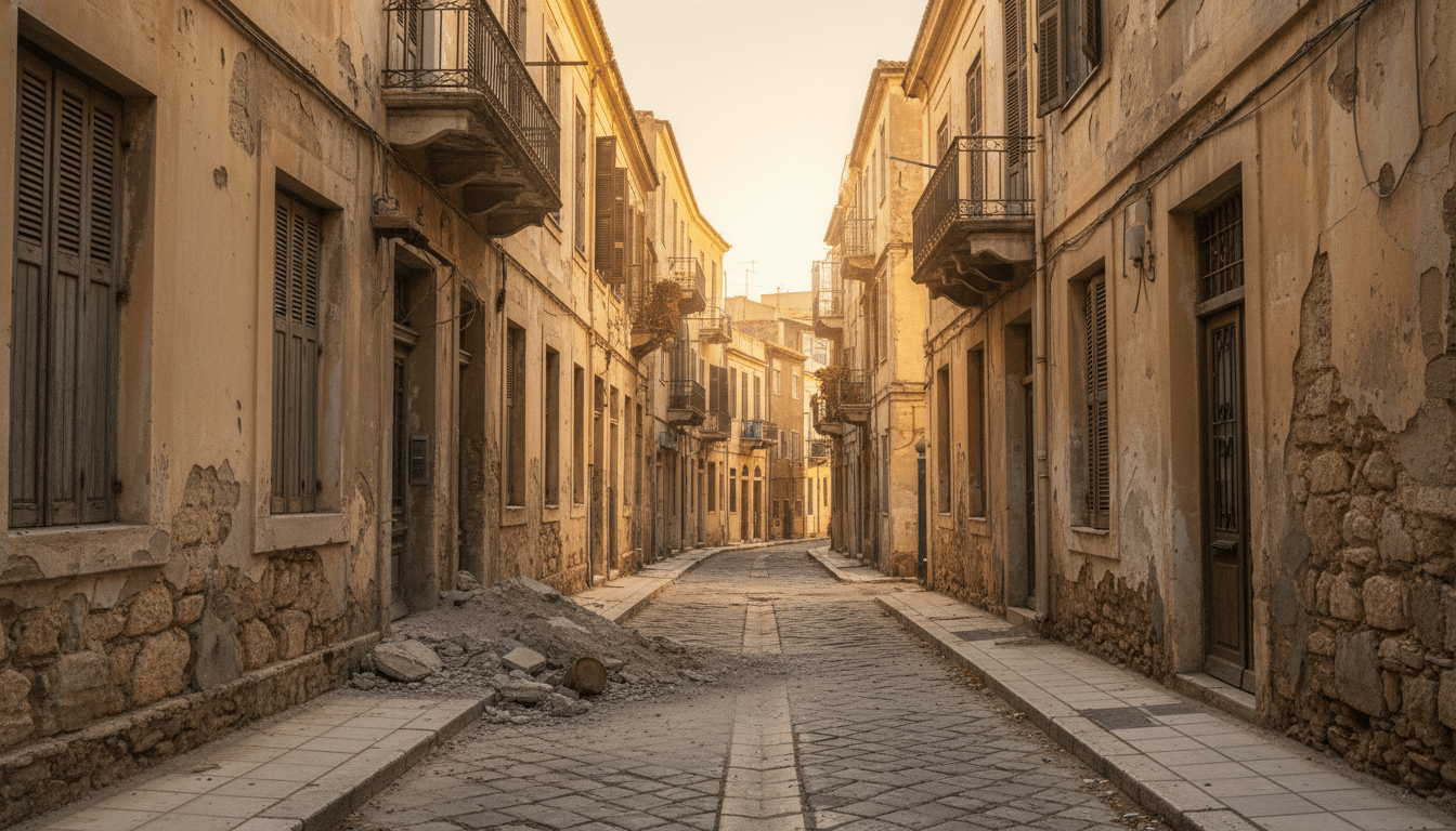Décombres d'un balcon effondré sur un trottoir à Corinthe